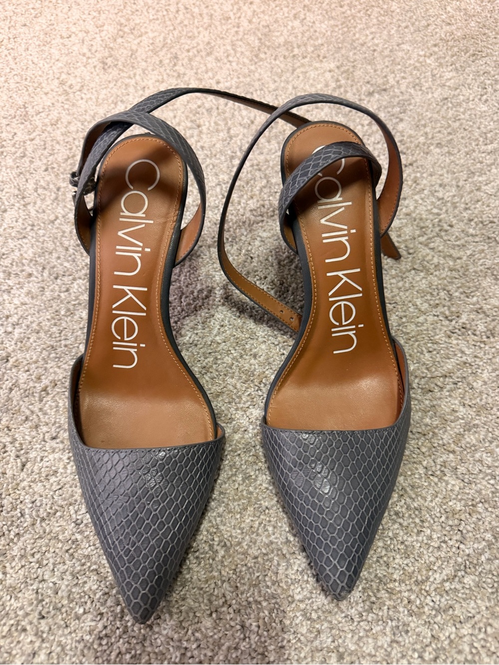 Calvin Klein Gray Snake-Emboss Pointed Slingback Heels